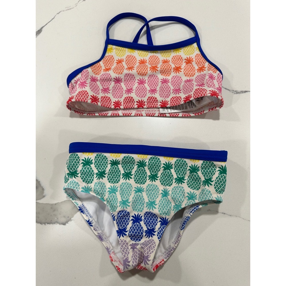 Boden Girls Rainbow Pineapple Bikini Set Blue‎ Trim Two Piece Swimsuit 3-4Y